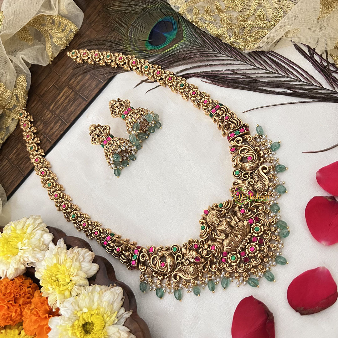 Vriksham Traditional Gold Lakshmi Temple With Floral Haram-Red Green-Aqua Green Bead-G19135