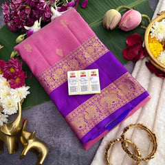 Vriksham Light Pink & Purple Border With Golden Zari Border Korvai Pure Silk Saree-VS4994