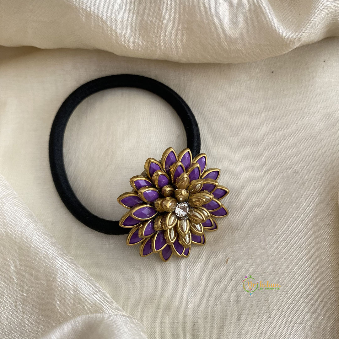 Purple, Golden Kundan Pendant Rubber Band - Flower - H656