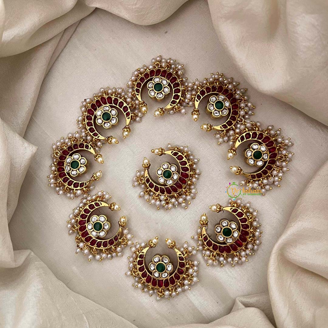 Vriksham Half Moon Style Pearls Motif Floral Jada Billai-Green Bead & White-G21482