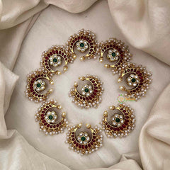 Vriksham Half Moon Style Pearls Motif Floral Jada Billai-Green Bead & White-G21482