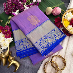 Vriksham Classic Lavender & Blue Border With Golden Zari Border Korvai Pure Silk Saree-VS4993