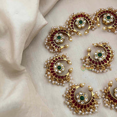 Vriksham Half Moon Style Pearls Motif Floral Jada Billai-Green Bead & White-G21482