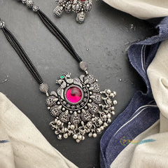 Dual Peacock Lakshmi Pendant Black Bead Chain Neckpiece-S775