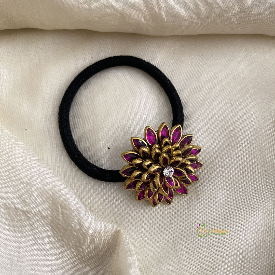 Magenta Kundan Pendant Rubber Band - Flower - H652