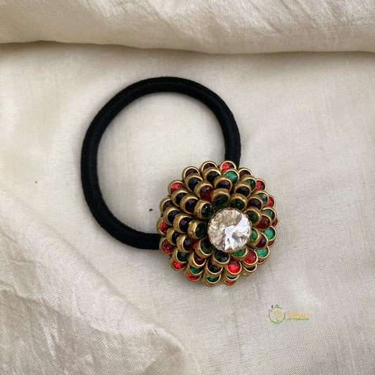 Red, Green Kundan Pendant Rubber Band - Flower - G14357