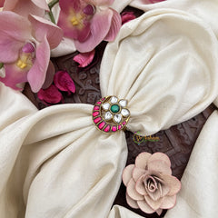 Vriksham Exquisite Jadau Kundan Half Moon With Floral Finger Ring-White Red & Green-J3406