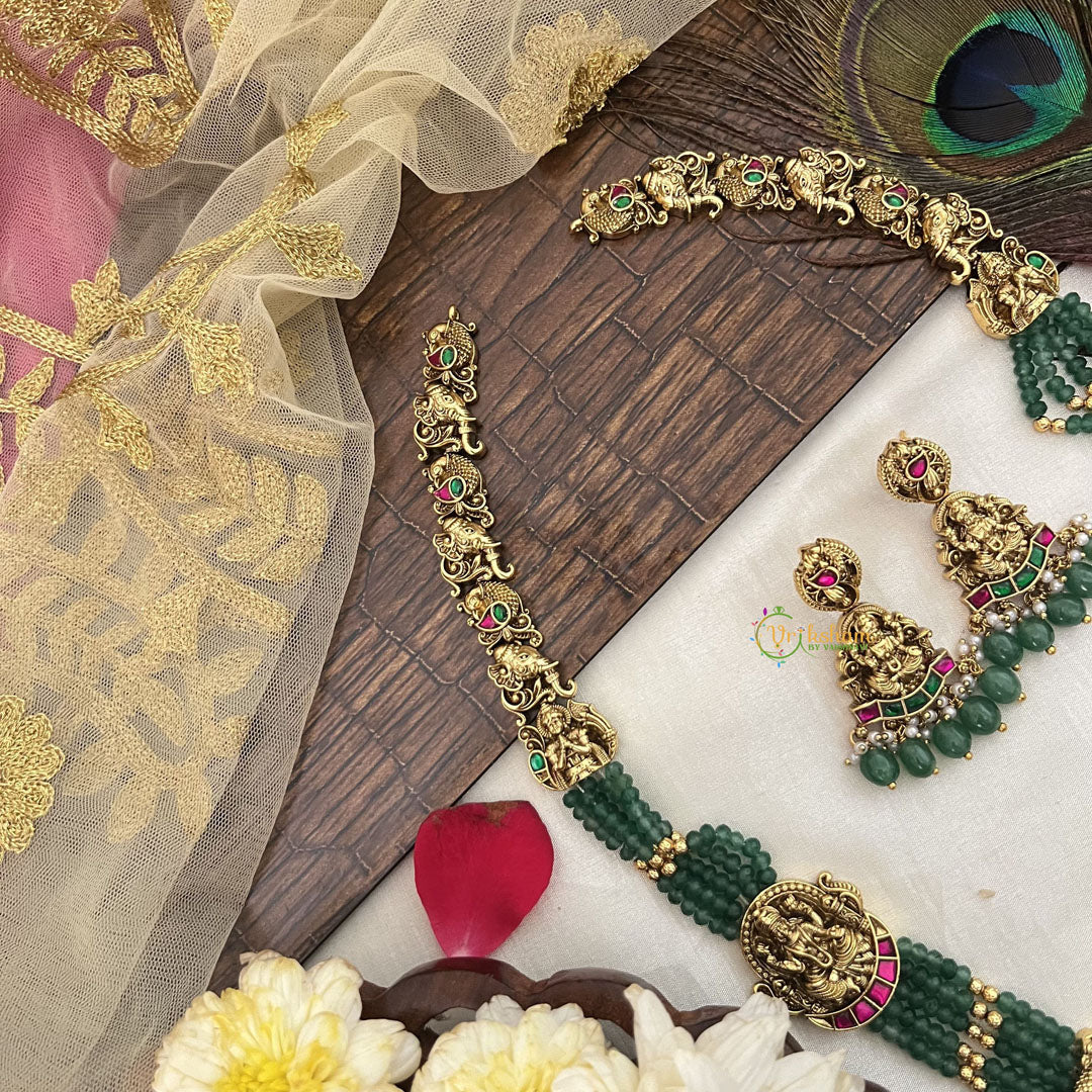 Vriksham Gold Lakshmi Temple With Green Beaded Haram-Green Bead-G19133
