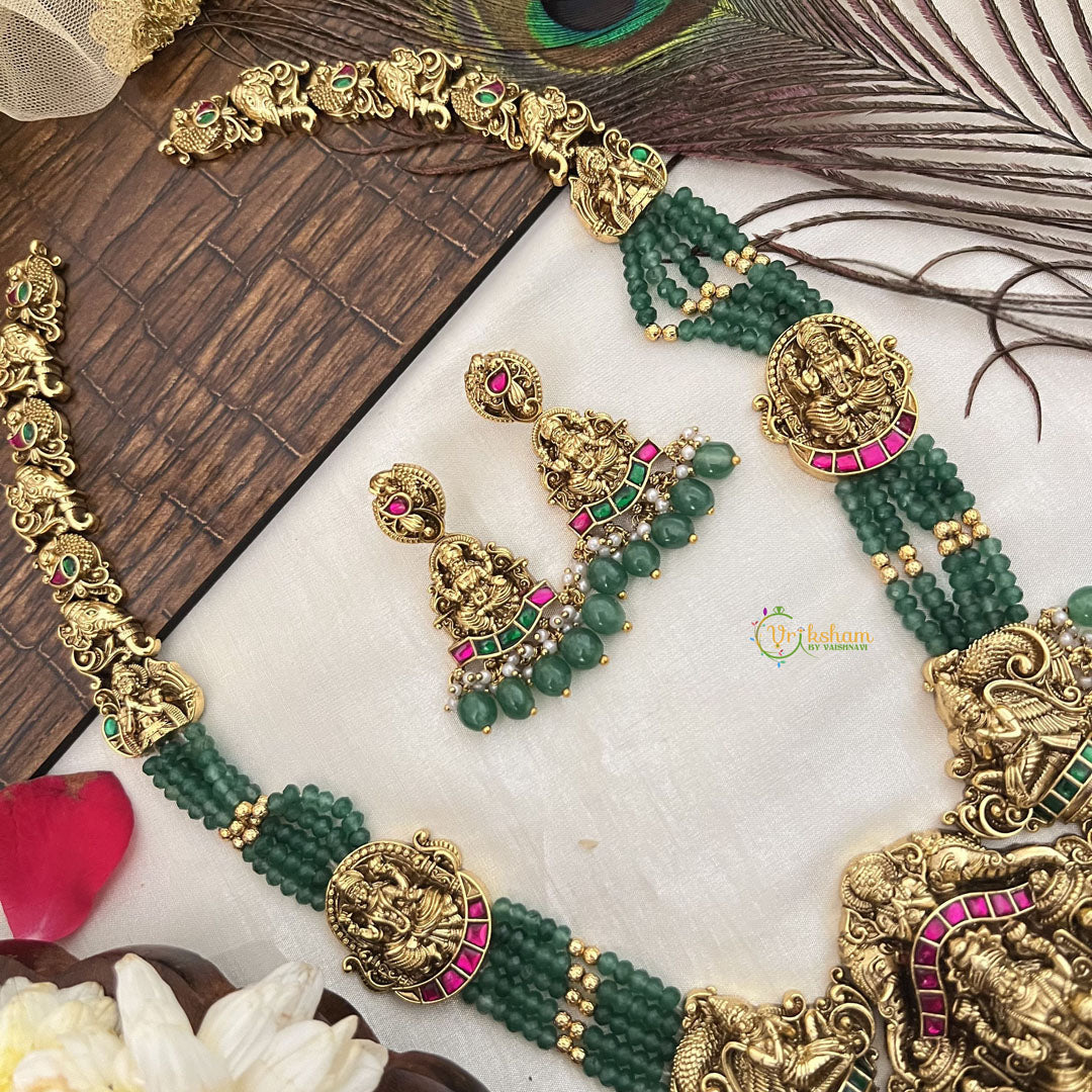 Vriksham Gold Lakshmi Temple With Green Beaded Haram-Green Bead-G19133
