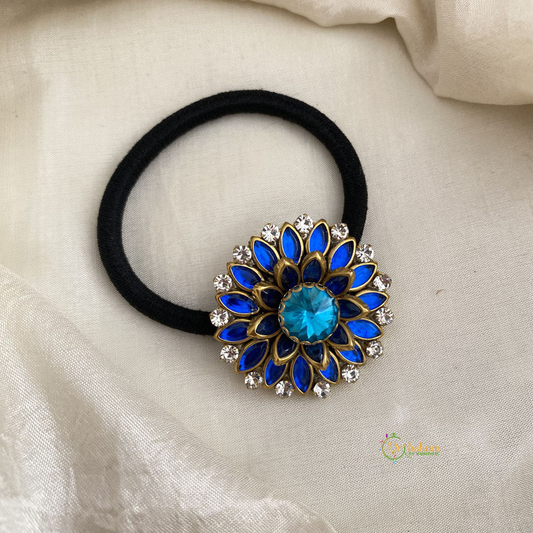 Dark Blue Flower Kundan Pendant Rubber Band - H691