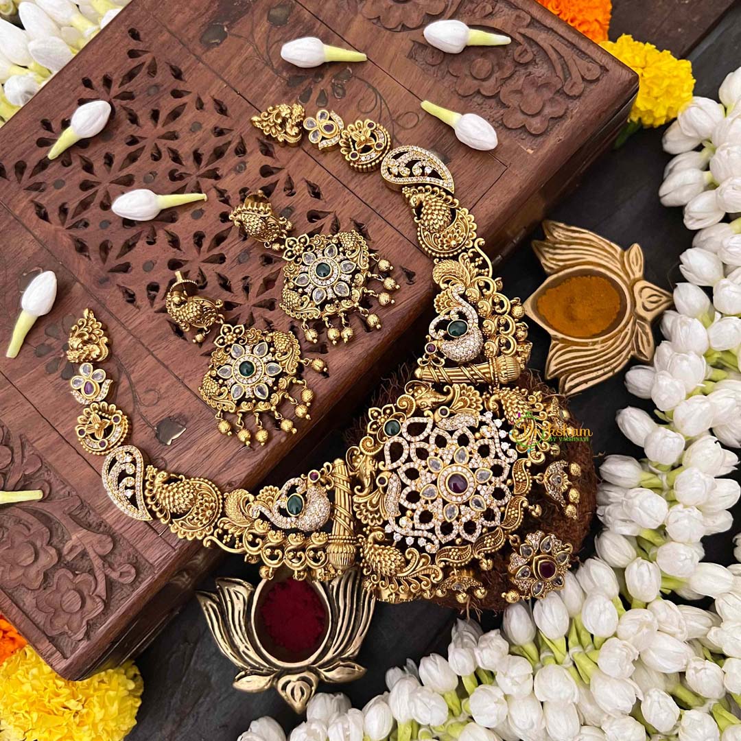 Vriksham Premium Gold look Floral With Peacock Feather Temple Short Neckpiece-Gold Bead-G21504