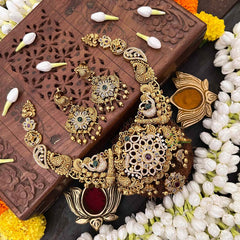 Vriksham Premium Gold look Floral With Peacock Feather Temple Short Neckpiece-Gold Bead-G21504