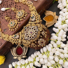 Vriksham Premium Gold look Floral With Peacock Feather Temple Short Neckpiece-Gold Bead-G21504