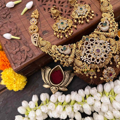 Vriksham Premium Gold look Floral With Peacock Feather Temple Short Neckpiece-Gold Bead-G21504