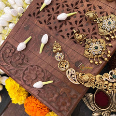 Vriksham Premium Gold look Floral With Peacock Feather Temple Short Neckpiece-Gold Bead-G21504