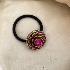 Magenta Flower Kundan Pendant Rubber Band - H694