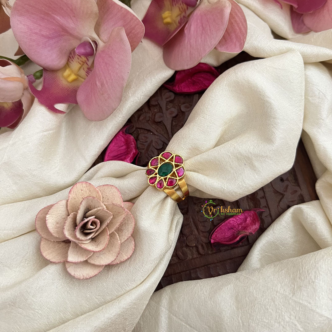 Vriksham Designer Floral Kundan Jadau Adjustable Finger Ring-Red Green-J3680