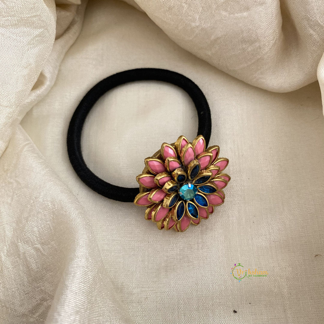 Pink & Blue Flower Kundan Pendant Rubber Band - H693