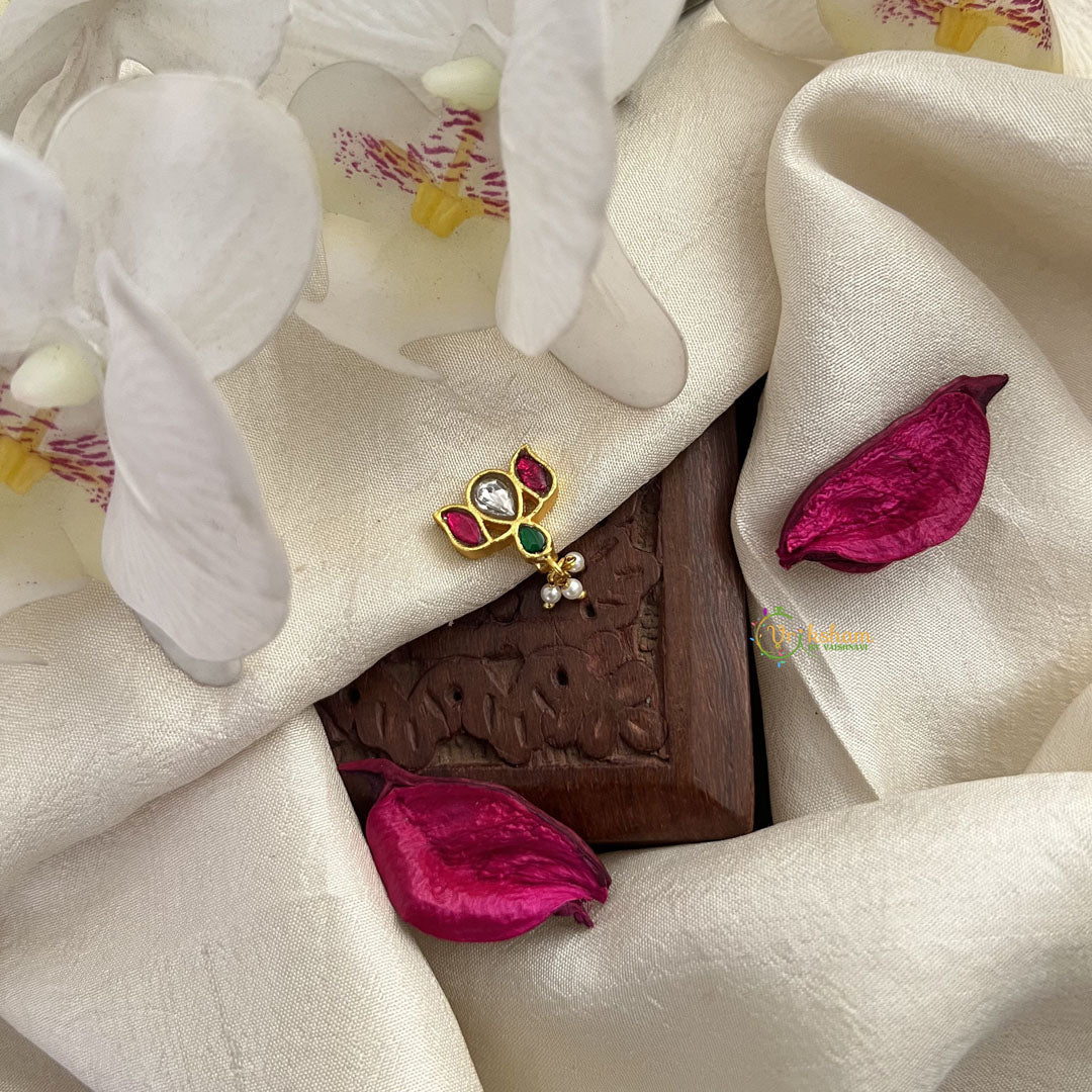 Vriksham Antique Lotus Jadau Kundan Nath-Red Green & White-Pearls-J3023