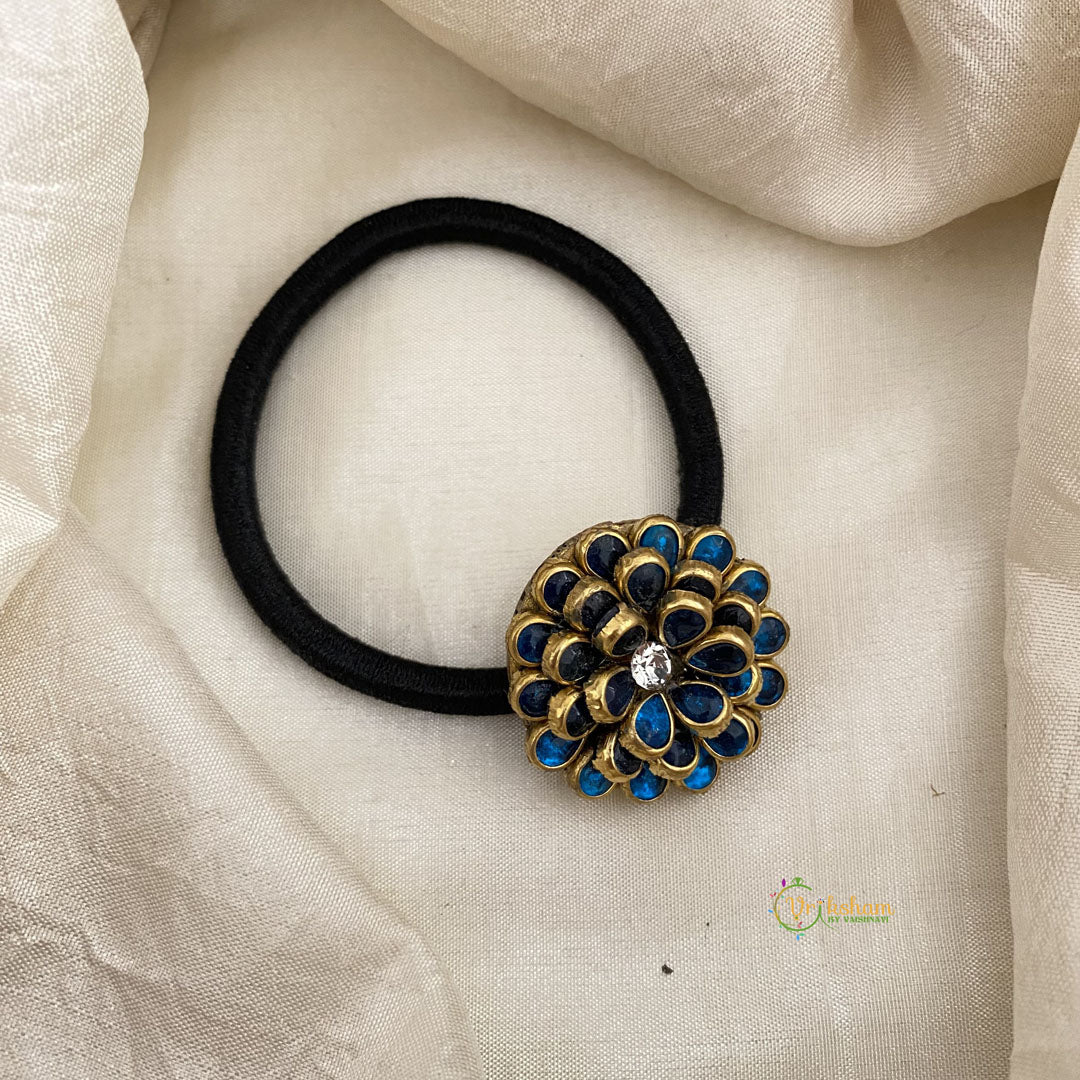 Dark Blue Flower Kundan Pendant Rubber Band - H688