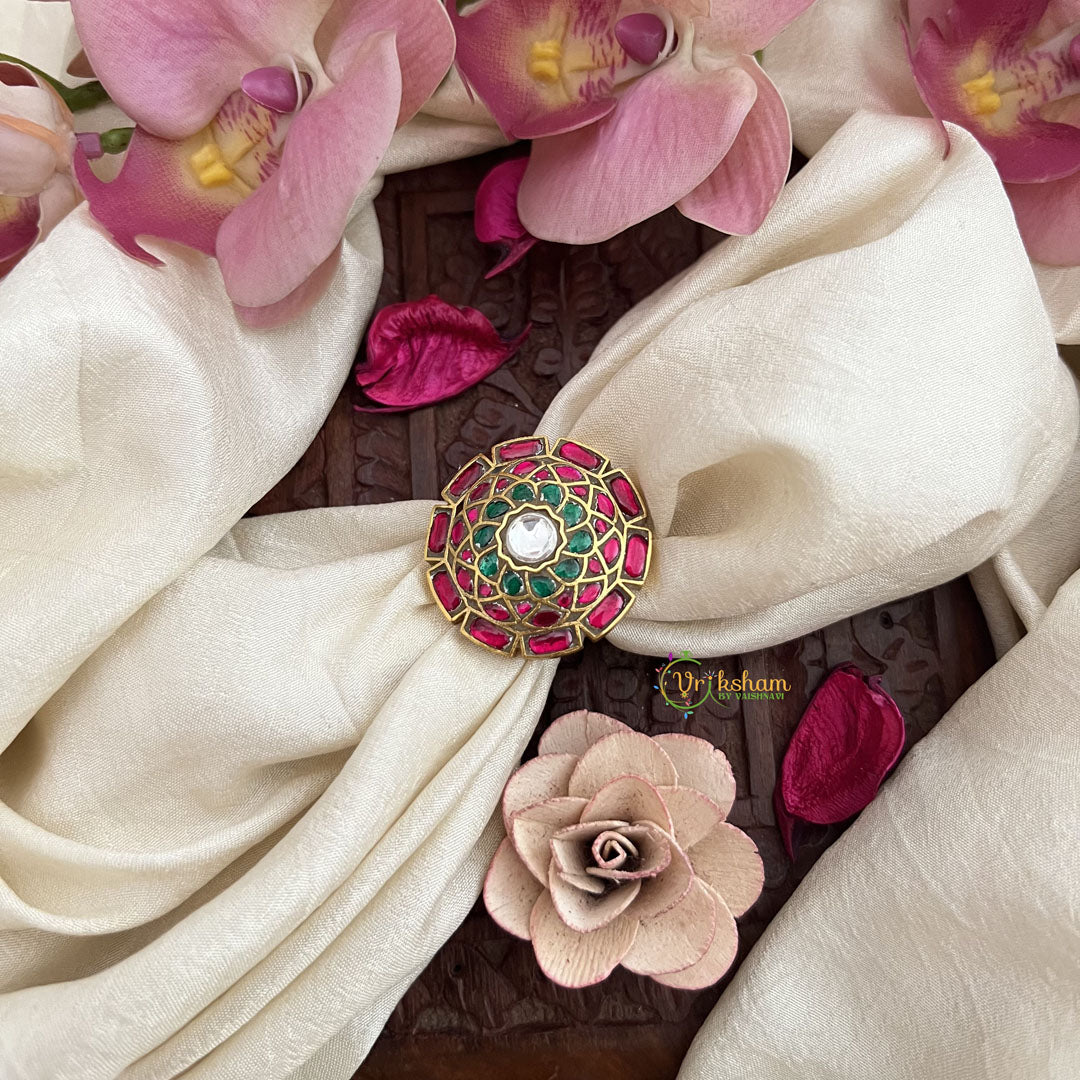 Vriksham Designer Jadau Kundan Floral Finger Ring-White Red & Green-J3408