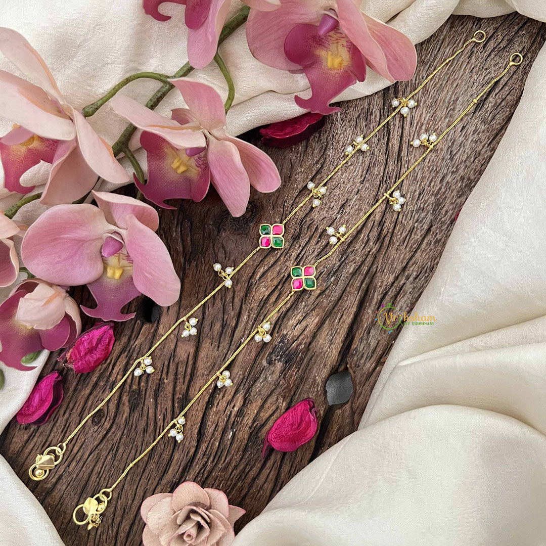 Vriksham Classic Floral Style Gold Look Alike Pearls Drop Anklets-Red Green-G20794