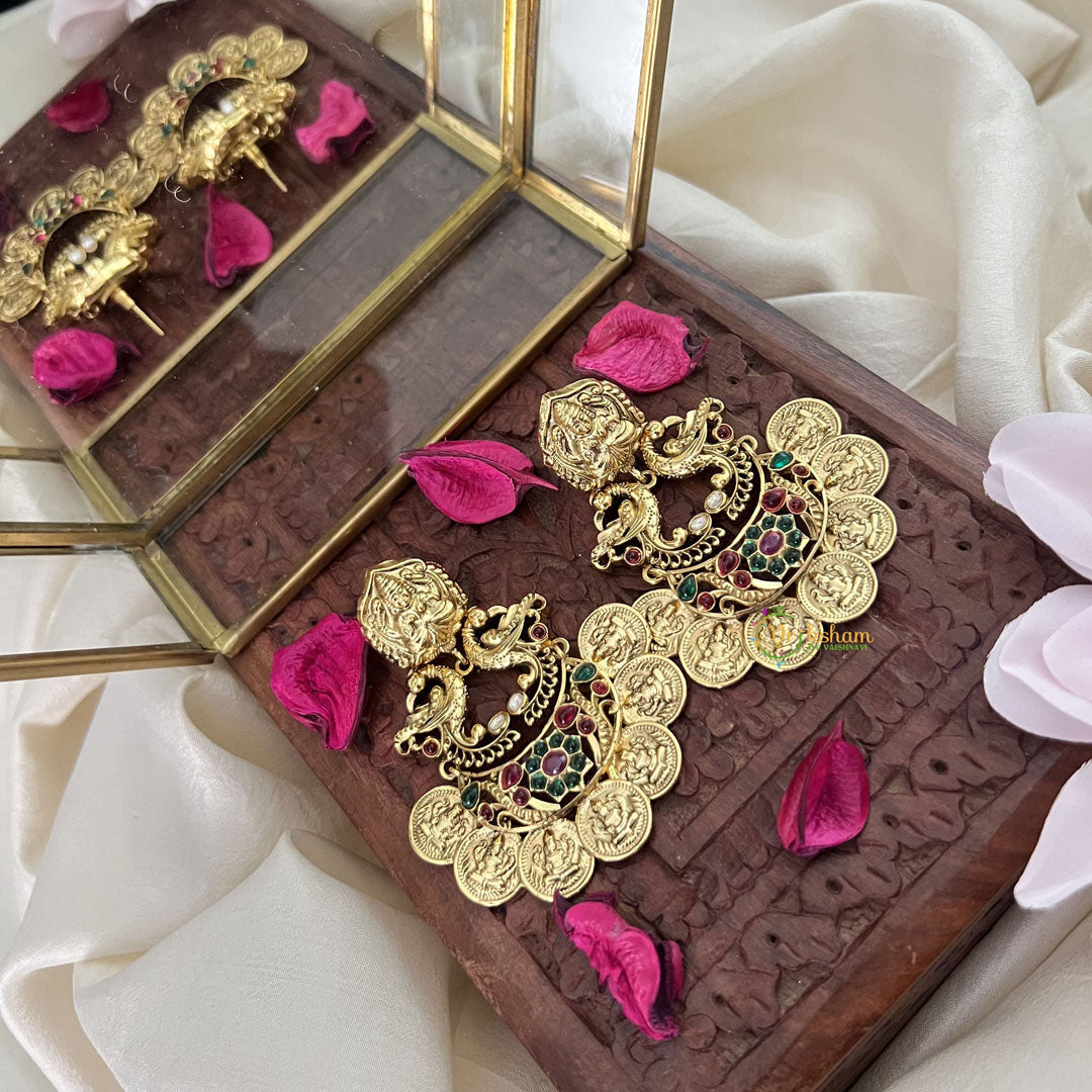 Vriksham Lakshmi With Dual Peacock & Lakshmi Coin Earring-Red Green-G18239