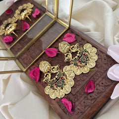 Vriksham Lakshmi With Dual Peacock & Lakshmi Coin Earring-Red Green-G18239