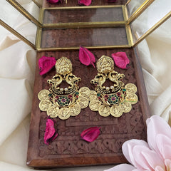Vriksham Lakshmi With Dual Peacock & Lakshmi Coin Earring-Red Green-G18239