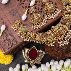 Vriksham Lakshmi & Peacock Diamond Short Neckpiece-Red Green-Pearls-G21506