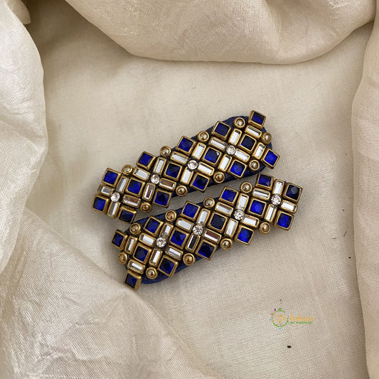 Kundan Hair Clip-Navy Blue Diamond-Dice Dots & White Bars-H722