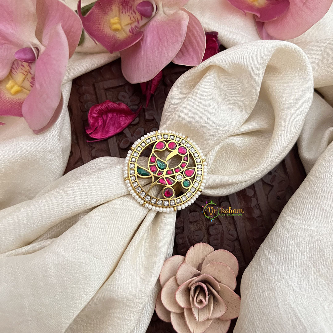 Vriksham Unique Peacock Jadau Kundan Finger Ring-Pearl-Red Green & White-J3412