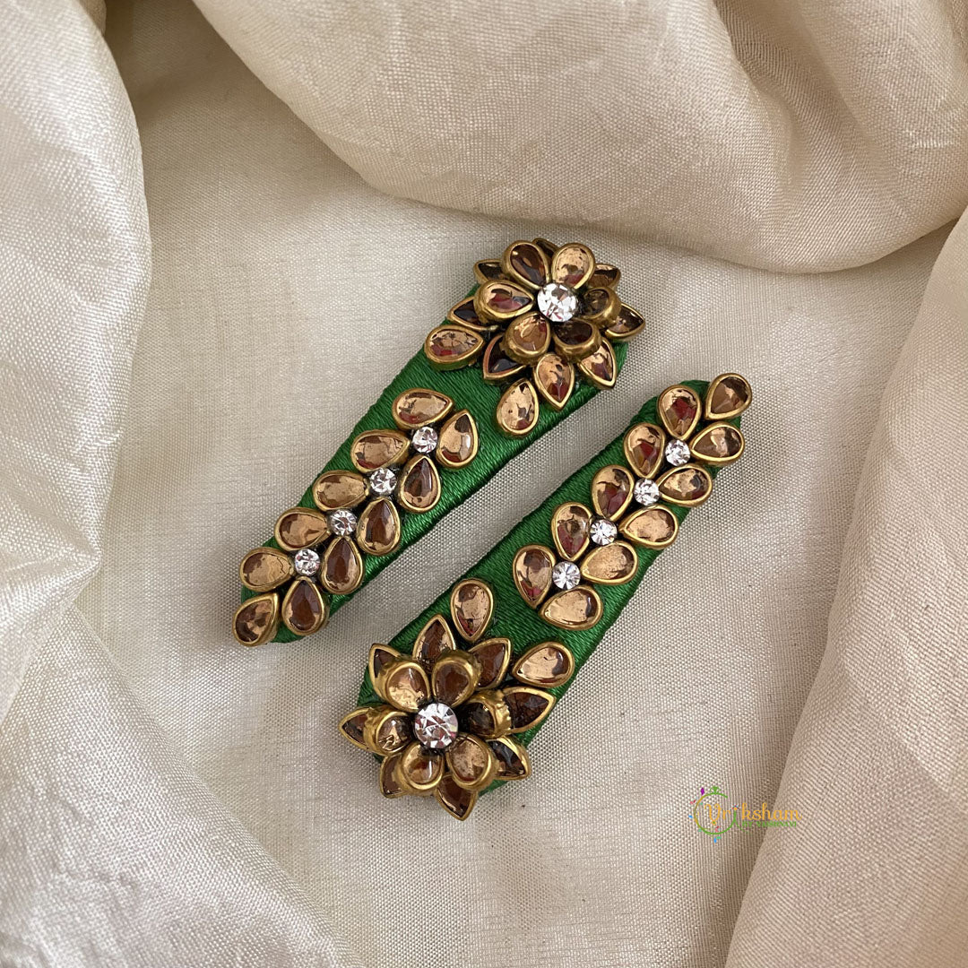 Kundan Hair Clip-Golden Floral Leaf-H712