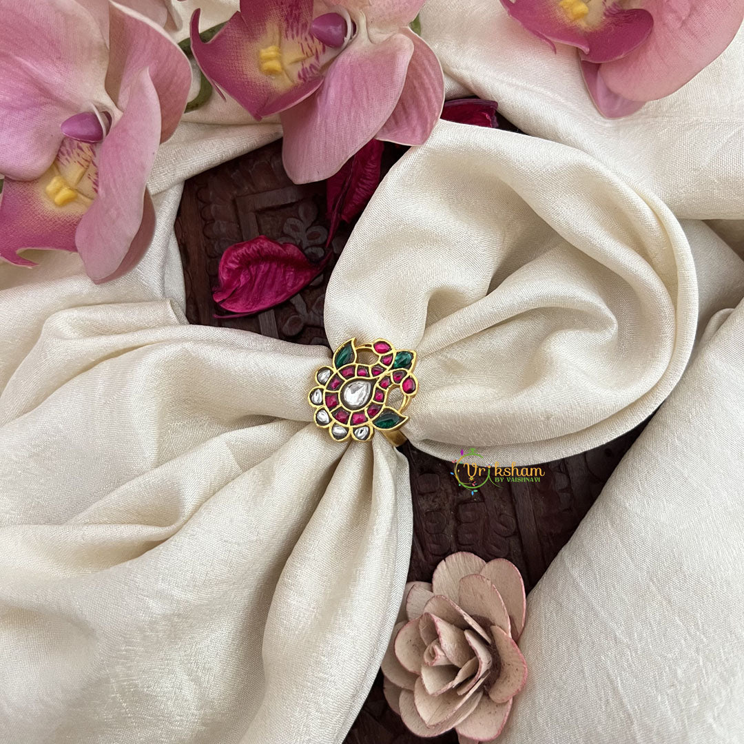 Vriksham Dual Peacock Shape Jadau Kundan Finger Ring-Red Green & White-J3413