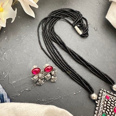 Silver Polish Pendant Black Bead Short Chain-Dice-S811