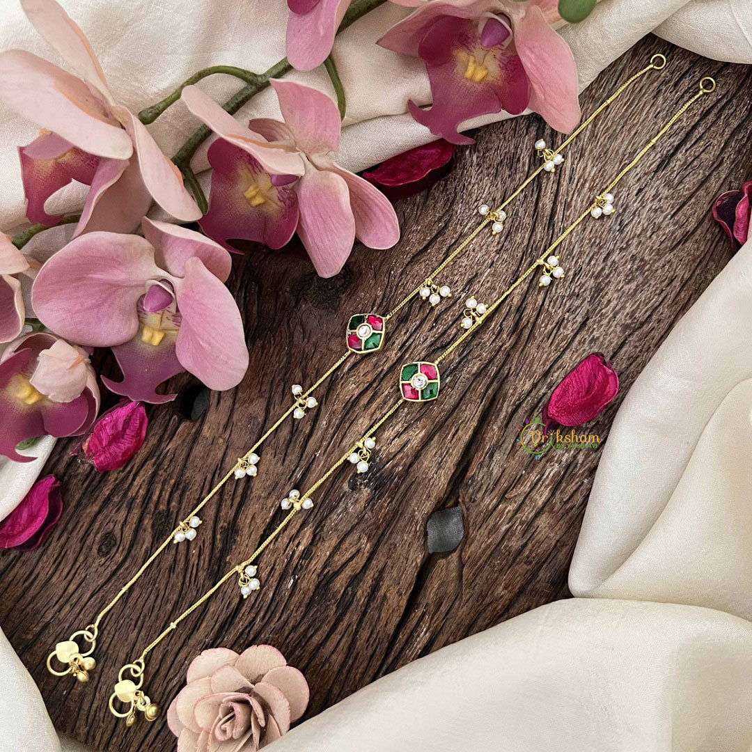 Vriksham Diagonal Style Gold Look Alike Pearls Drop Anklets-Red Green & White-G20797