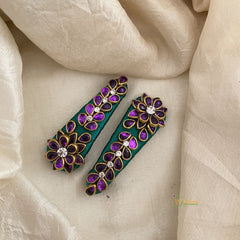 Kundan Hair Clip-Purple Floral Leaf-H713