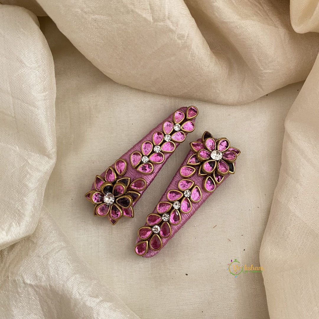 Kundan Hair Clip-Pink Floral Leaf-H711