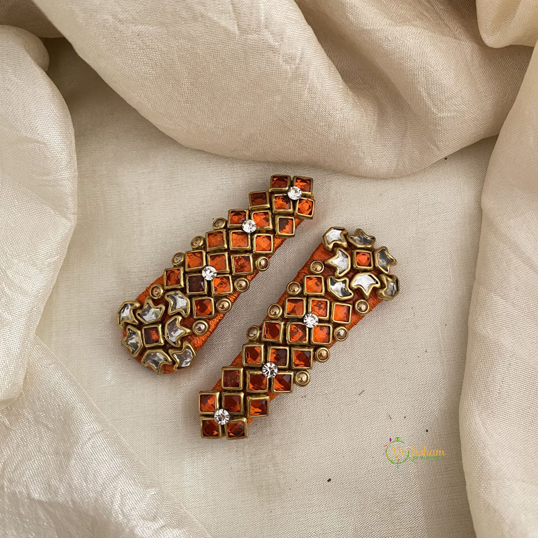 Kundan Hair Clip-Orange Diamond-Dice Dots-H719