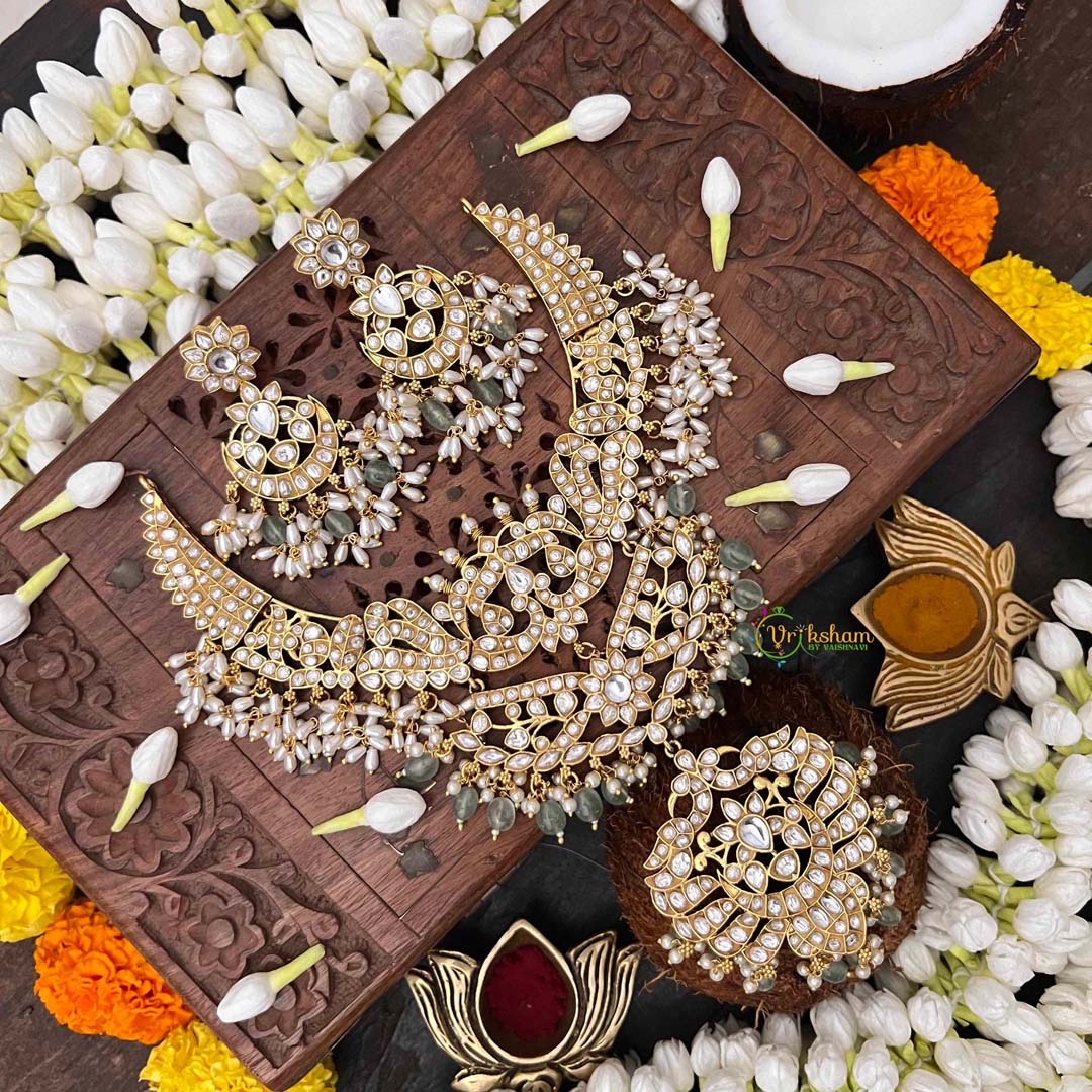 Vriksham Regal White Look Kundan Jadau Neckpiece-Rice Pearl-Aqua Green Bead-J4111