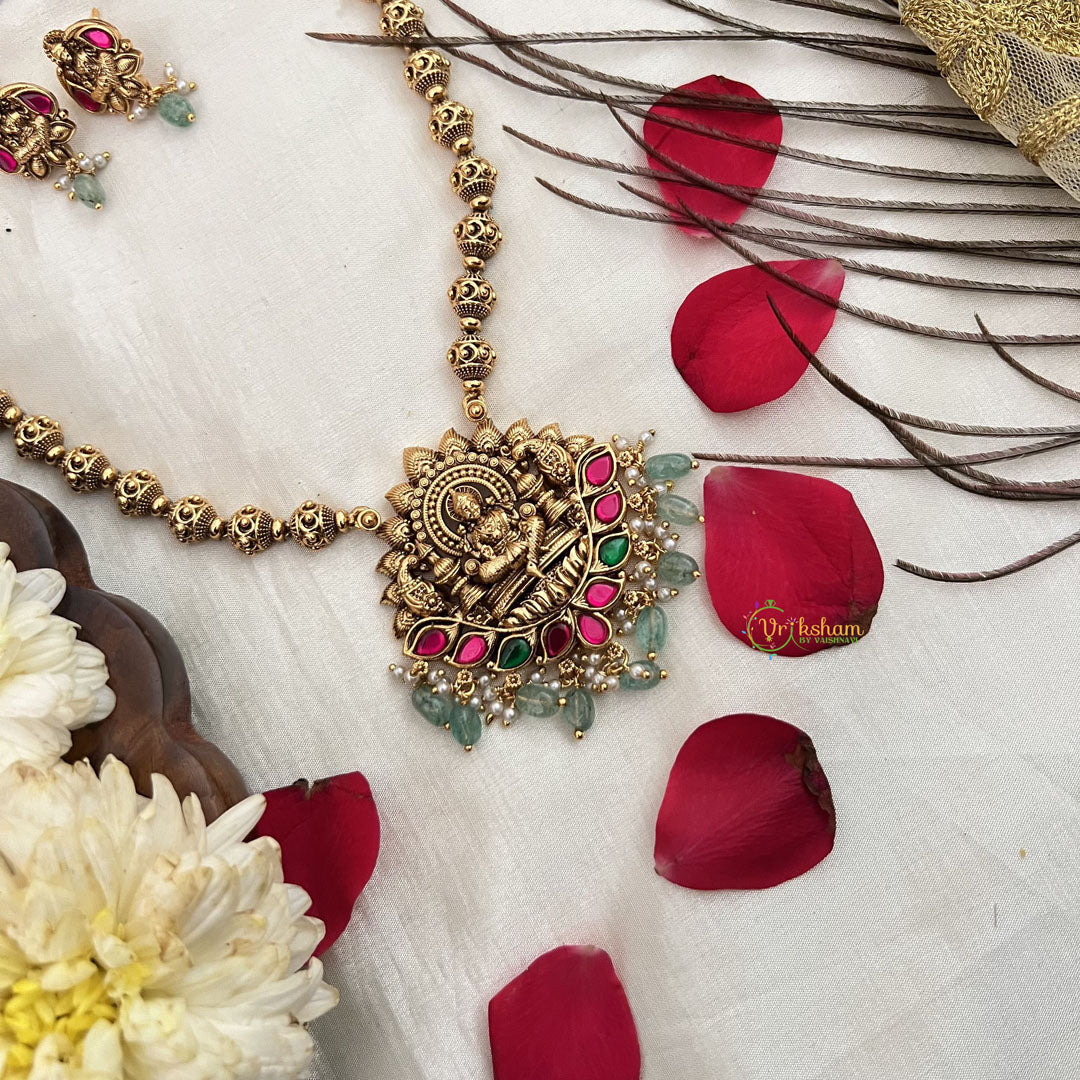 Vriksham Traditional Gold Lakshmi Pendant Haram Neckpiece-Green Bead-G19166