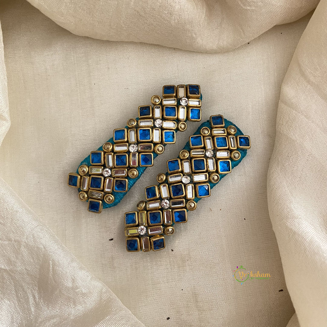 Kundan Hair Clip-Blue Diamond-Dice Dots & White Bars-H715