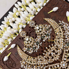 Vriksham Regal White Look Kundan Jadau Neckpiece-Rice Pearl-Aqua Green Bead-J4111