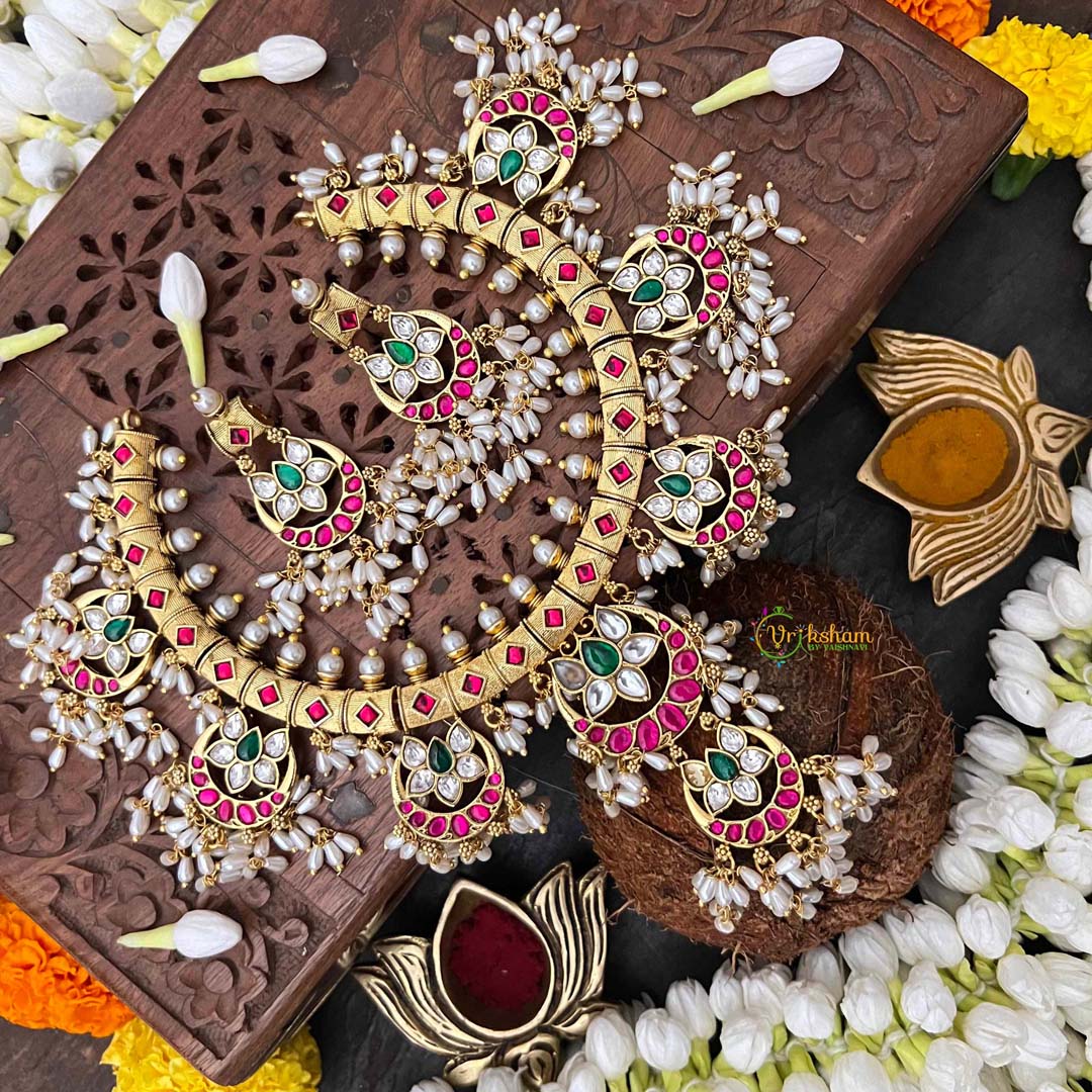 Vriksham Half Moon & Lotus Style Kundan Jadau Guttapusalu Short Neckpiece-Rice Pearls-J4115