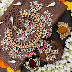 Vriksham Half Moon & Lotus Style Kundan Jadau Guttapusalu Short Neckpiece-Rice Pearls-J4115