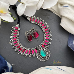 Trendy Oxidized Red Green Stone Neckpiece-Tear Drop-S817