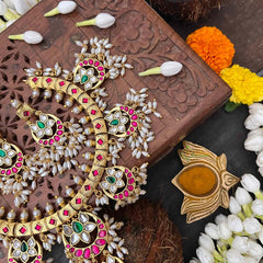 Vriksham Half Moon & Lotus Style Kundan Jadau Guttapusalu Short Neckpiece-Rice Pearls-J4115