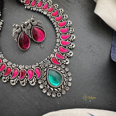 Trendy Oxidized Red Green Stone Neckpiece-Tear Drop-S817