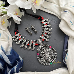 Premium Oxidized Ganpati Pendant Neckpiece-Black Red Thread-S842