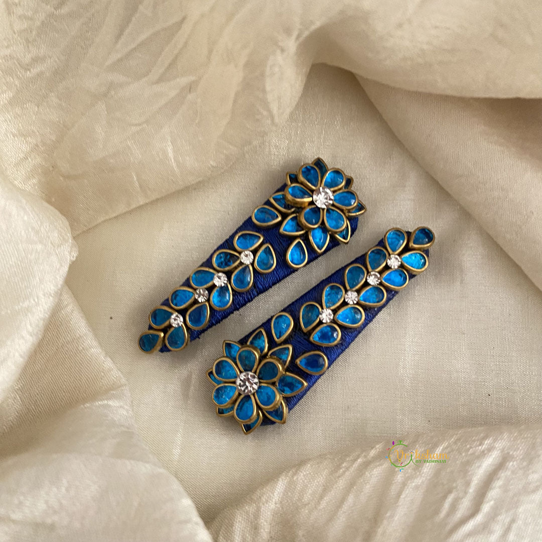 Kundan Hair Clip-Glossy Blue Floral Leaf-H709